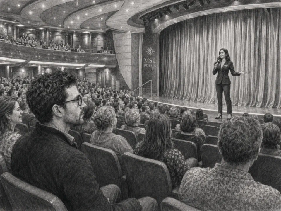 Niklas listens to Natasha in the packed MSC Poesia theatre.
