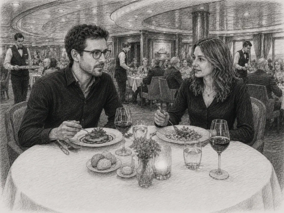 Niklas and Clara have dinner in the elegant onboard restaurant.
