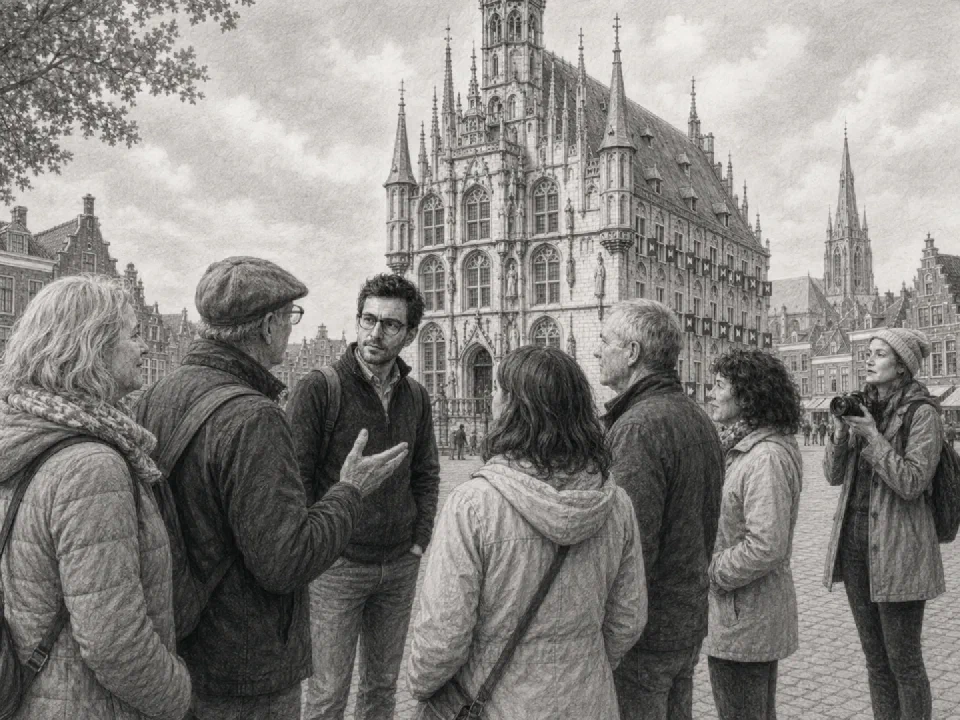 Niklas listens to the guide in Gouda’s market square.